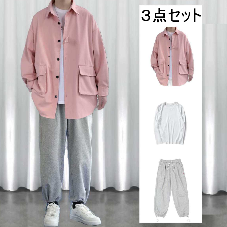 ピンク/ジャケット+Tシャツ+グレー/パンツ